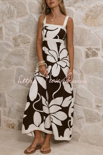 Color-blocked Floral Print Square Neck Sleeveless Casual Maxi Dress