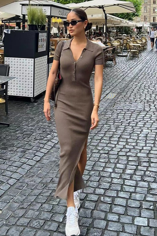 Elegant  Lapel Short Sleeve Split Hem Sweater Dress