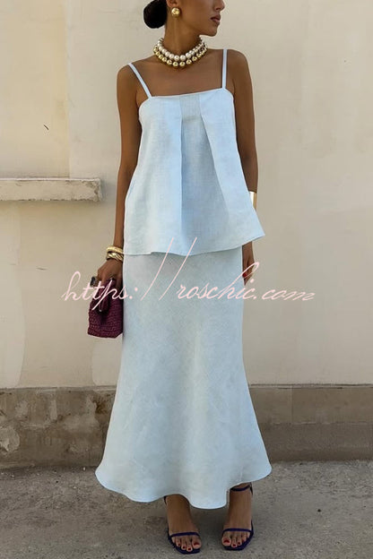 Linen Blend Loose Square Neck Camisole Top and Elegant Resort Maxi Skirt Set