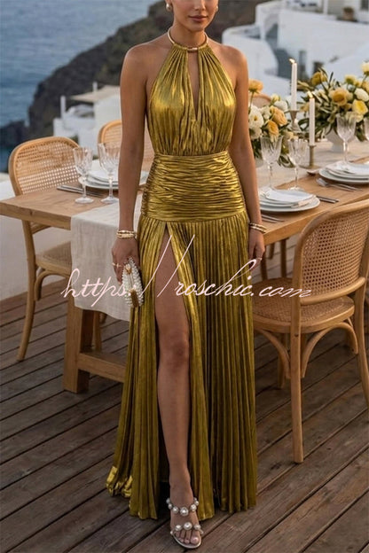 Faelina Metallic Pleated Fabric Metal Rings Halter Backless Slit Maxi Dress