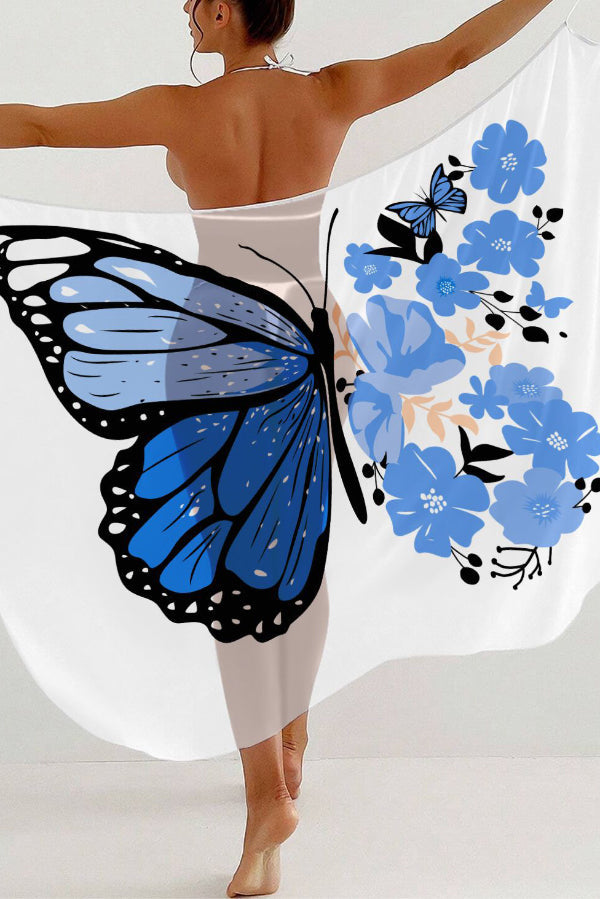 Fashionable Color-blocked Butterfly Print Sheer Cover-up Midi Dress