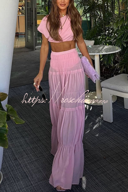 Stunning Chiffon Ruched Shoulder Short Sleeve Crop Top
