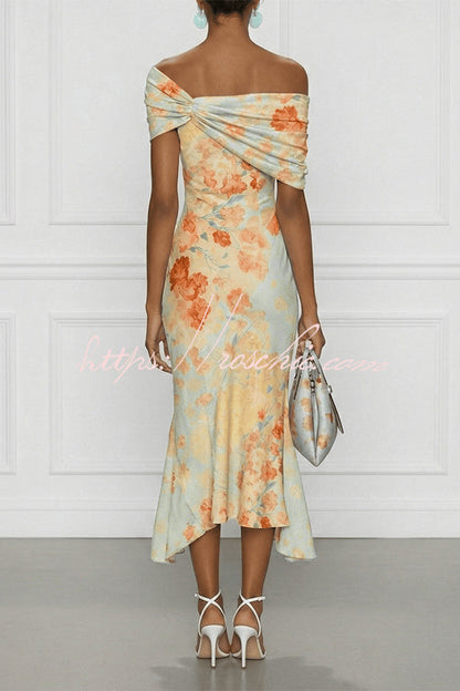 Floral Off-shoulder Sleeveless Fishtail Midi Dress