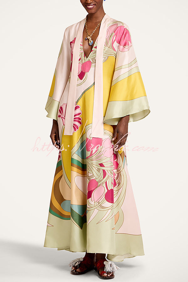 Darla Satin Colorful Baroque Style Printed Tie-up Neck Bell Sleeve Maxi Dress