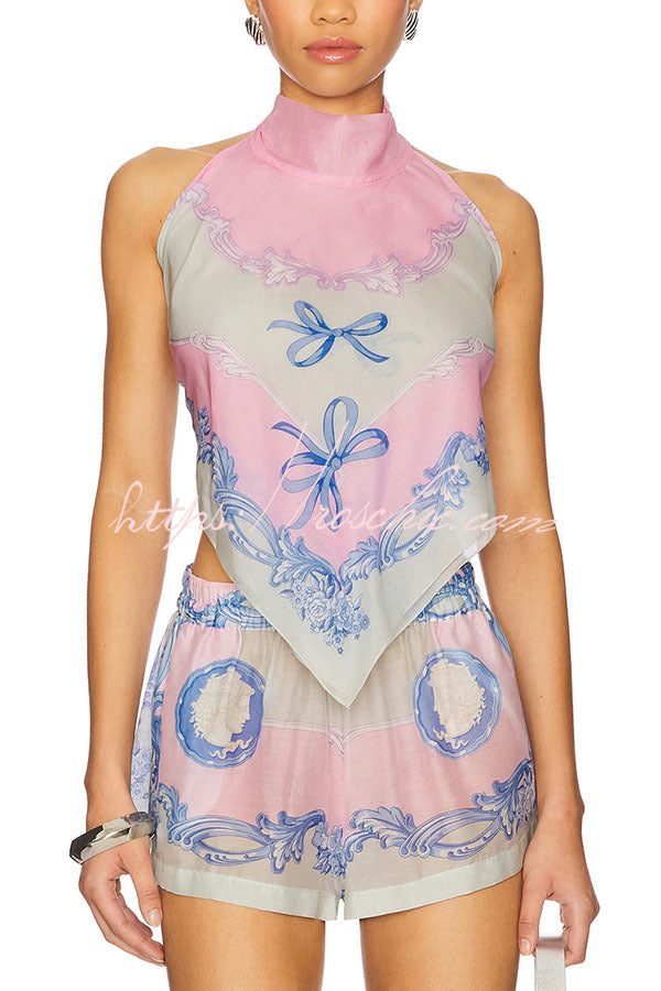 Amalfi Coast Satin Unique Print Scarf Top and Elastic Waist Pocket Loose Shorts Set