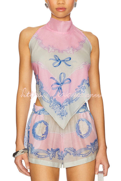 Amalfi Coast Satin Unique Print Scarf Top and Elastic Waist Pocket Loose Shorts Set