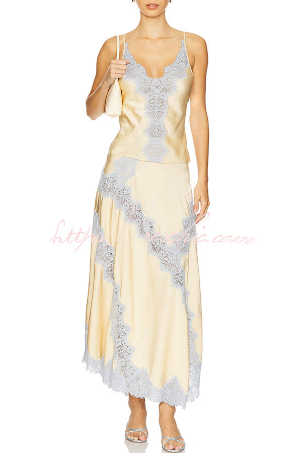 Wine Tasting Contrast Color Satin Lace Trim Irregular Hem Drape Midi Skirt (Shipped Within 24 Hours)