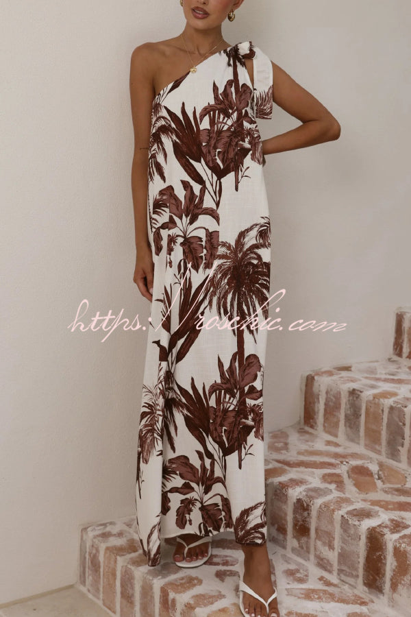 Botanical Print Sleeveless One-shoulder Casual Vacation Maxi Dress