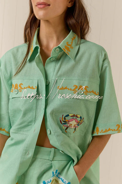Linen Blend Loose-fitting Short-sleeved Button-down Shirt and Casual Pocket Shorts Set