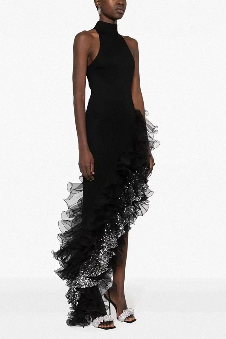 Vestido de Fiesta Asimétrico de Malla con Volantes Negro