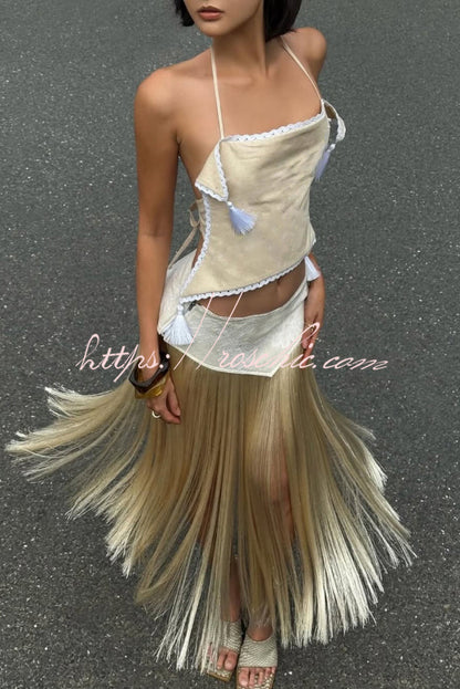 Fashionable Lace Appliqué Tassel Hem Vacation Maxi Skirt