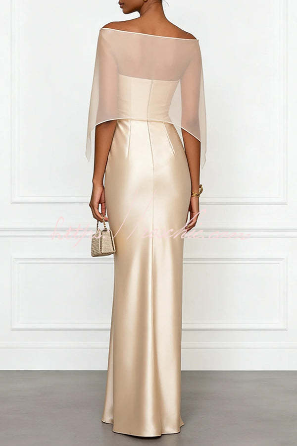 Lucero 3D Floral Satin Boat Neck Short Sleeve Sheath Capelet Gown Maxi Dress