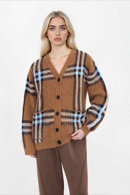 Plaid Retro Loose Plus Size V Neck Knit Cardigan