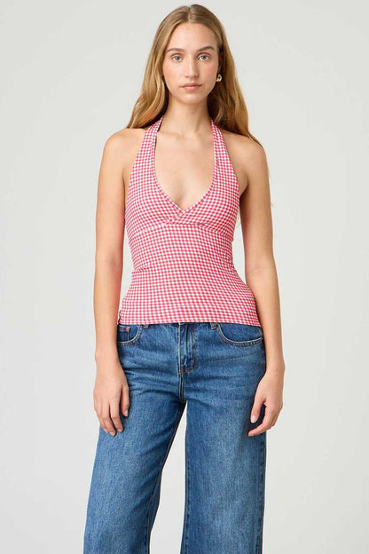 Top halter ajustado de cuadros y lunares sexi