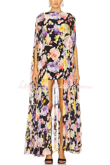 Garden Party Contrast Floral Print High Low Cape Maxi Dress