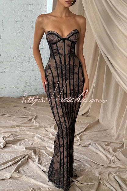 Sian Floral Lace Contrast Structural Detail Back Lace-up Strapless Slit Maxi Dress