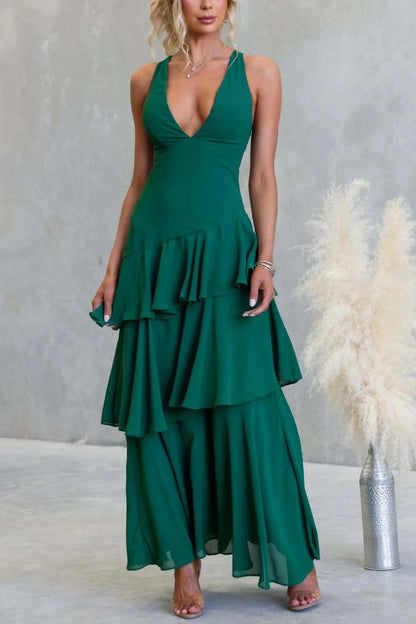Solid Color V-neck Sleeveless Elegant Layered Maxi Dress