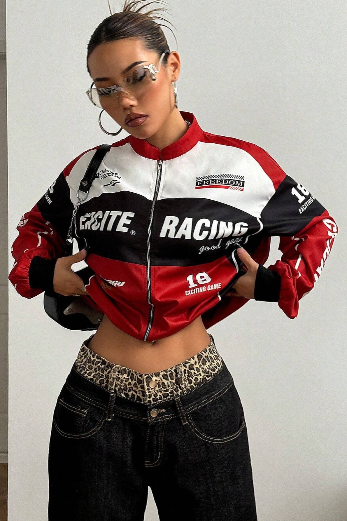 Chaqueta de manga larga estilo motorista color block con diseño de letras