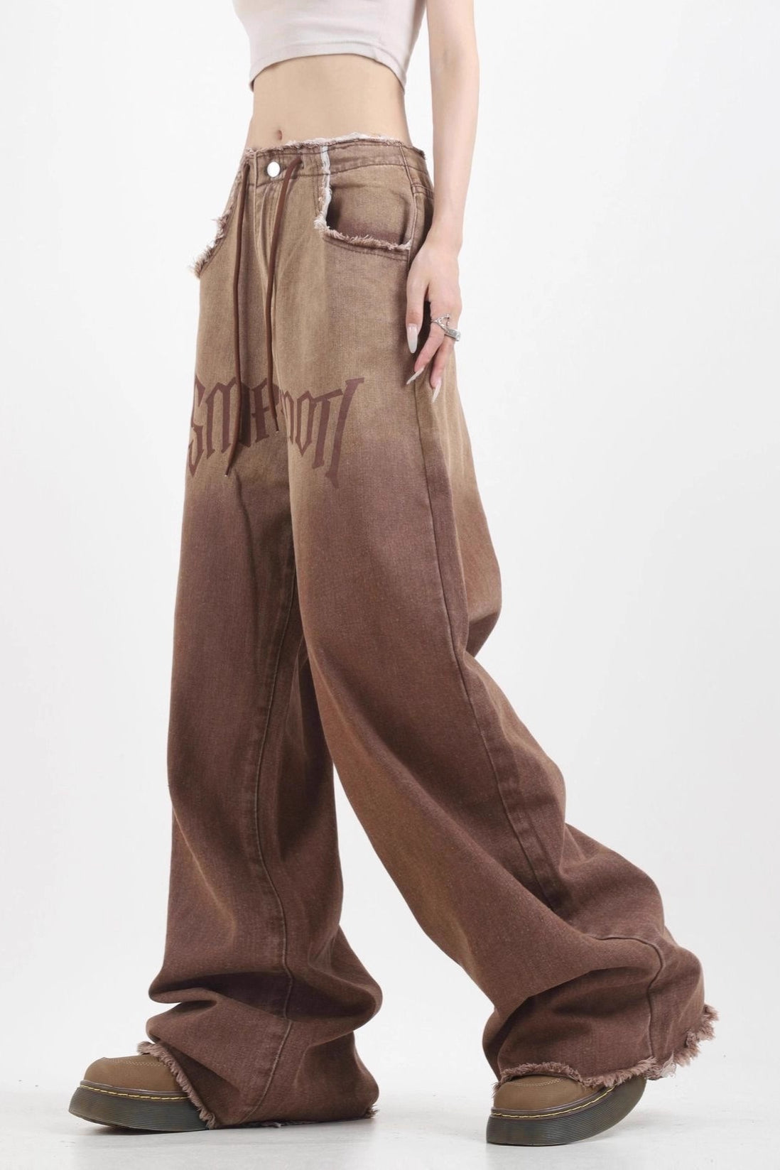 Jeans de pernera ancha deshilachados vintage de cintura alta con degradado