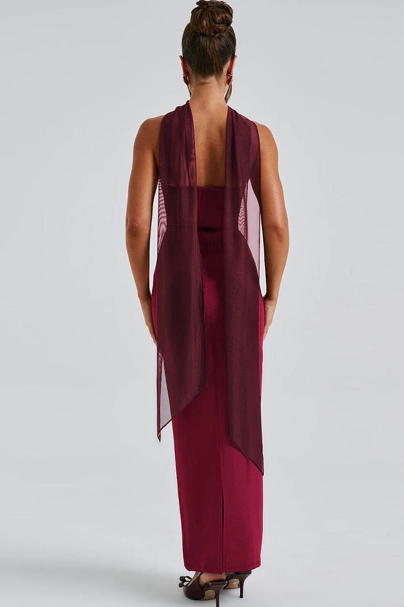 Vestido de gala tipo bustier con mangas transparentes