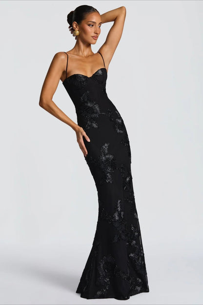 Vestido de graduación sólido con apliques 3D, almohadilla de hueso y espalda con lazo