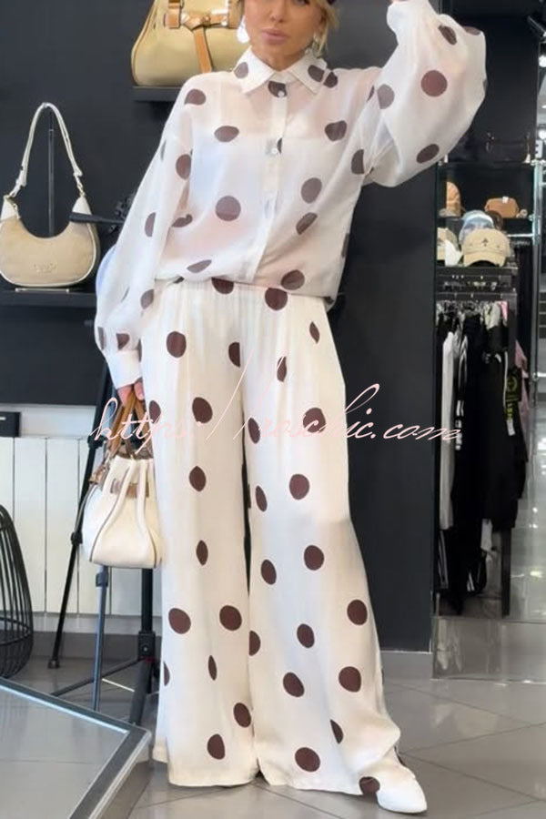Grazia Polka Dot Sheer Long Balloon Sleeve Shirt and Elastic Waist Pocket Wide Leg Pants Set