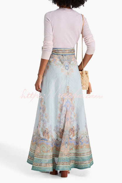 Next Vacation Linen Blend Paisley Print High Rise Tie-up Waist Maxi Skirt