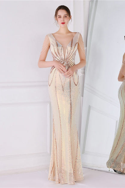 Vestido de fiesta de sirena con lentejuelas florales y pedrería