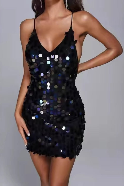 Deep V Backless Camisole  Sequin Dress