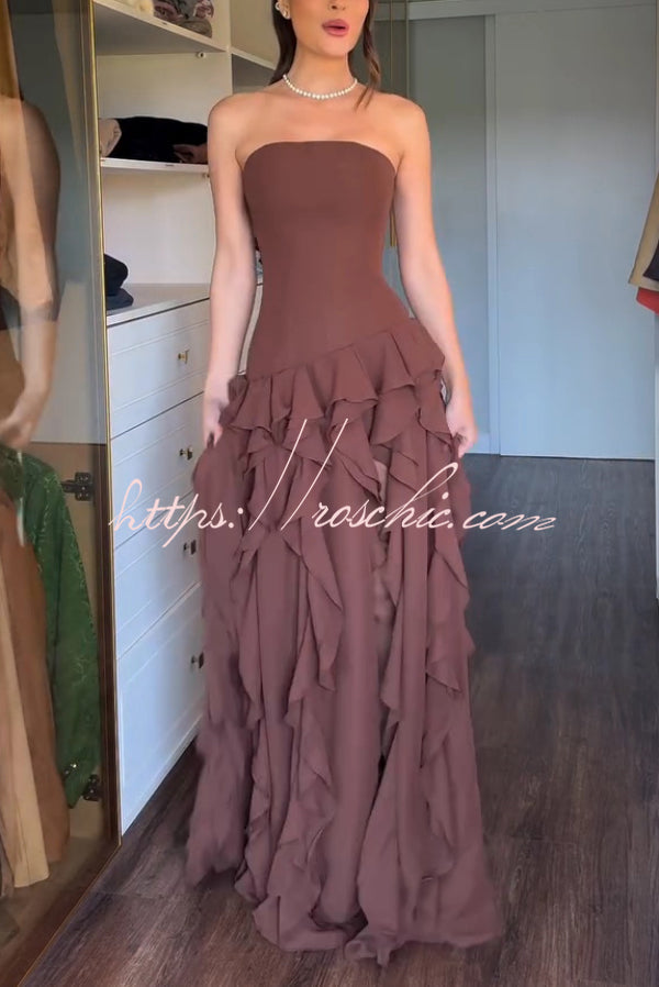 Elegant Sleeveless Off-shoulder Fitted Ruffled High Slit Maxi Dress