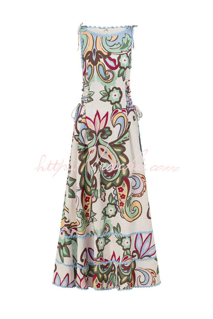 Unique Botanical Print Serrated Trim Round Neck Sleeveless Tie Casual Maxi Dress