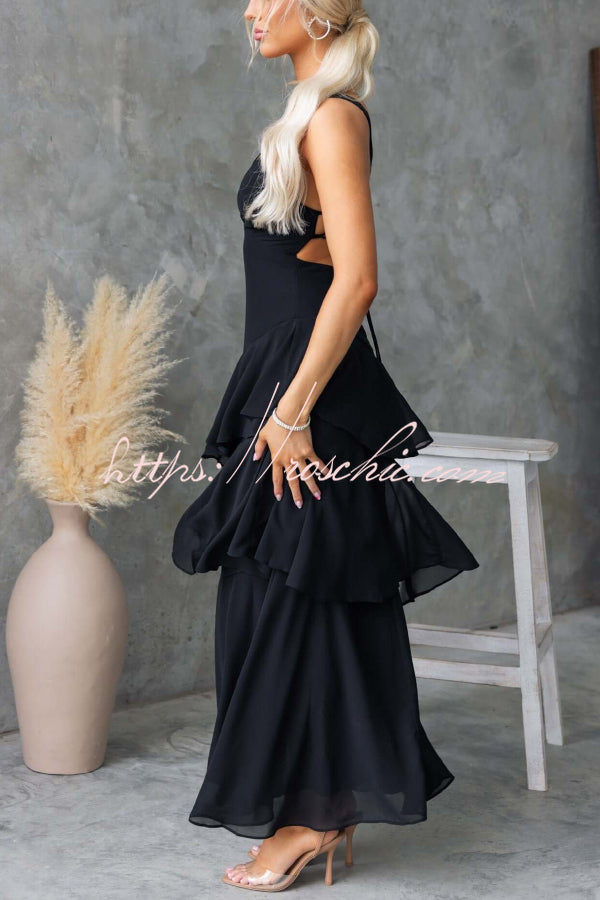 Solid Color V-neck Sleeveless Elegant Layered Maxi Dress