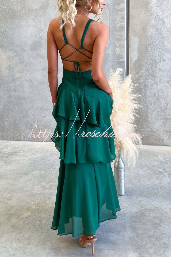 Solid Color V-neck Sleeveless Elegant Layered Maxi Dress