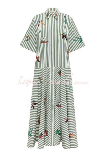 Linen Blend Striped Print Collared Short-sleeved Fitted Waist Belted Casual Maxi Dress