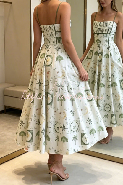 Unique Printed Thin-strapped Pleated Waist Casual Maxi Dress