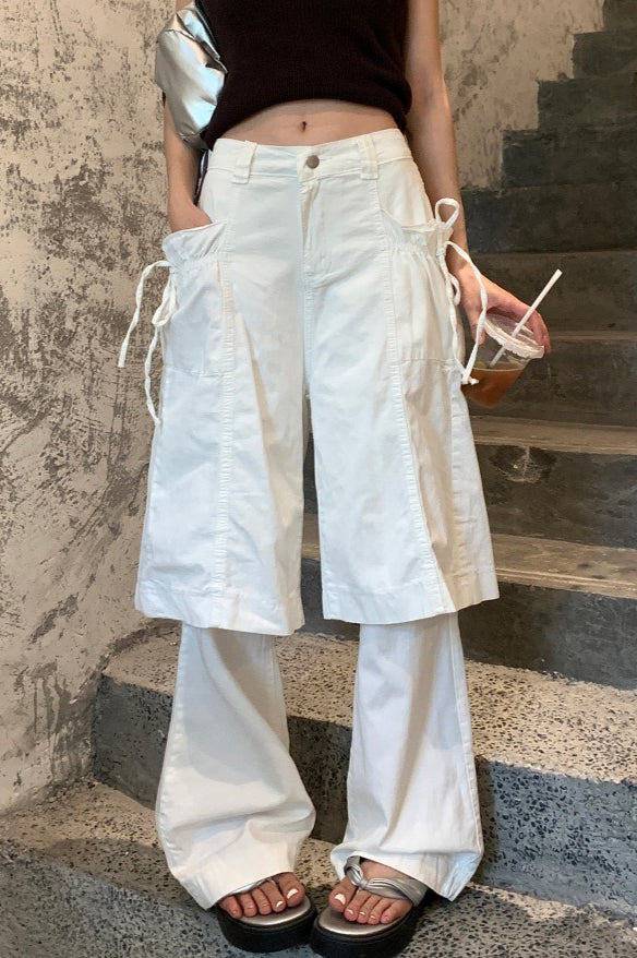 Pantalones vaqueros holgados Y2K blancos de dos piezas simuladas con pajarita
