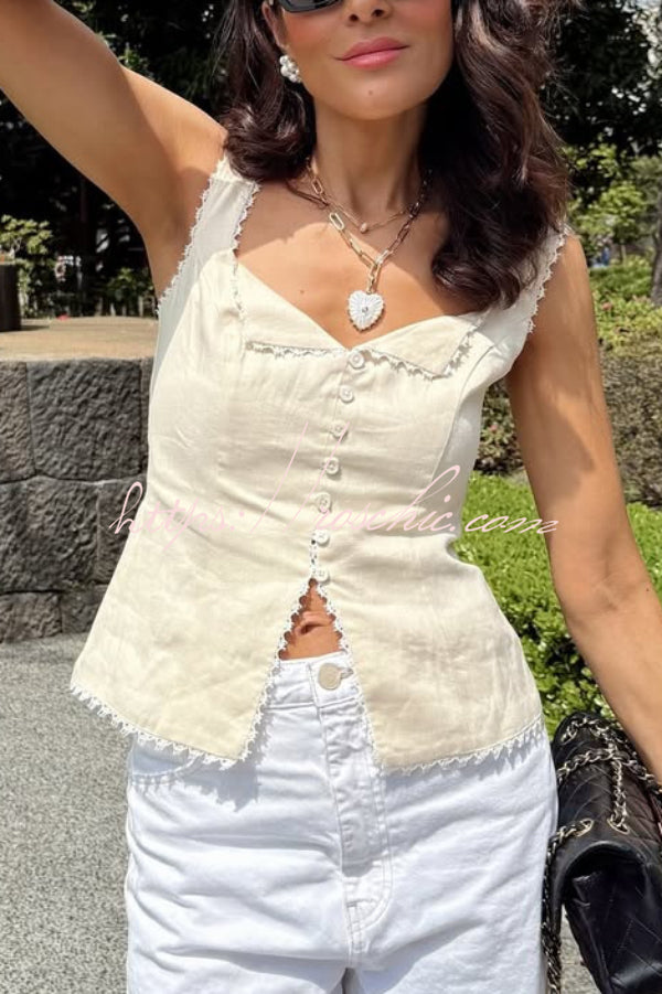 Fashionable Lace-trimmed V-neck Sleeveless Slim-fit Vest