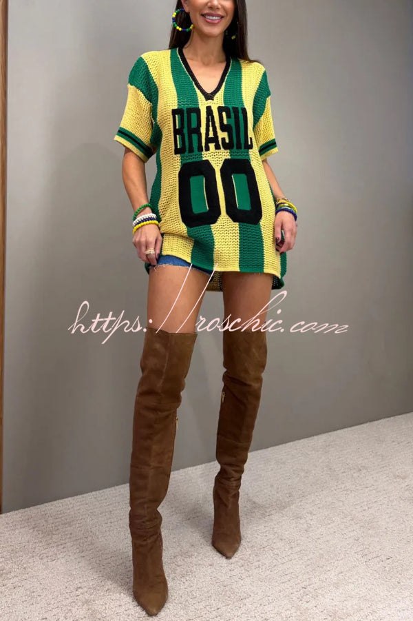 World Cup Letter Jacquard Loose V-neck Short-sleeved Knit Top