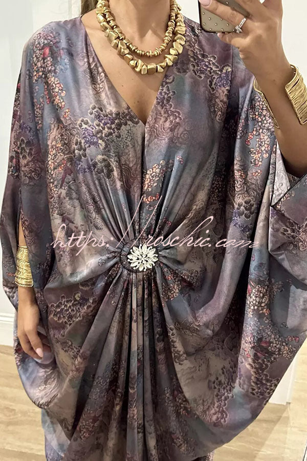 Airy Satin Unique Print V-neck Gemstone Embellished Drape Robe Maxi Dress