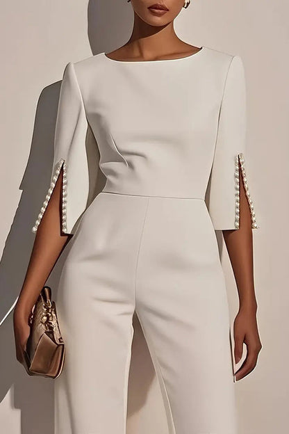 Solid Color Round Neck Beaded Decoration Slim Fit Casual Jumpsuit