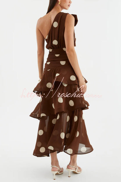 Fashionable Polka Dot Print One-shoulder Sleeveless Layered Mesh Maxi Dress