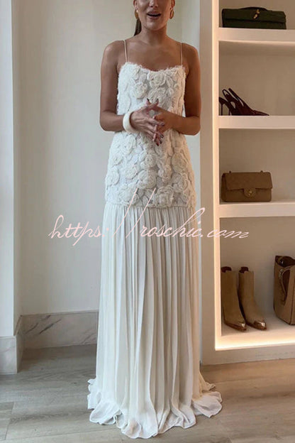 Indulge in Floral Applique Pleated Chiffon Hem Slip Maxi Dress