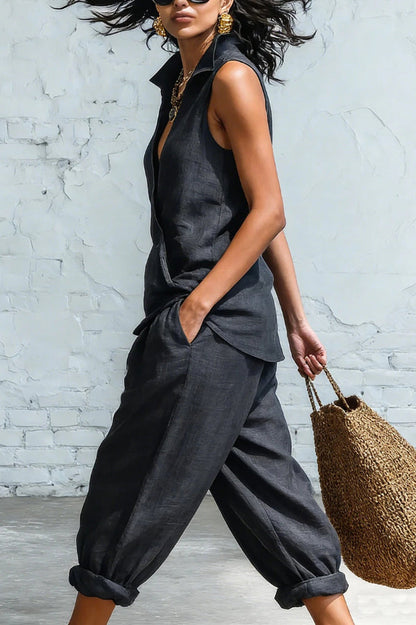 Linen Blend Collared Sleeveless Loose-fitting Top and Elastic Waist Pocket Casual Pants Set