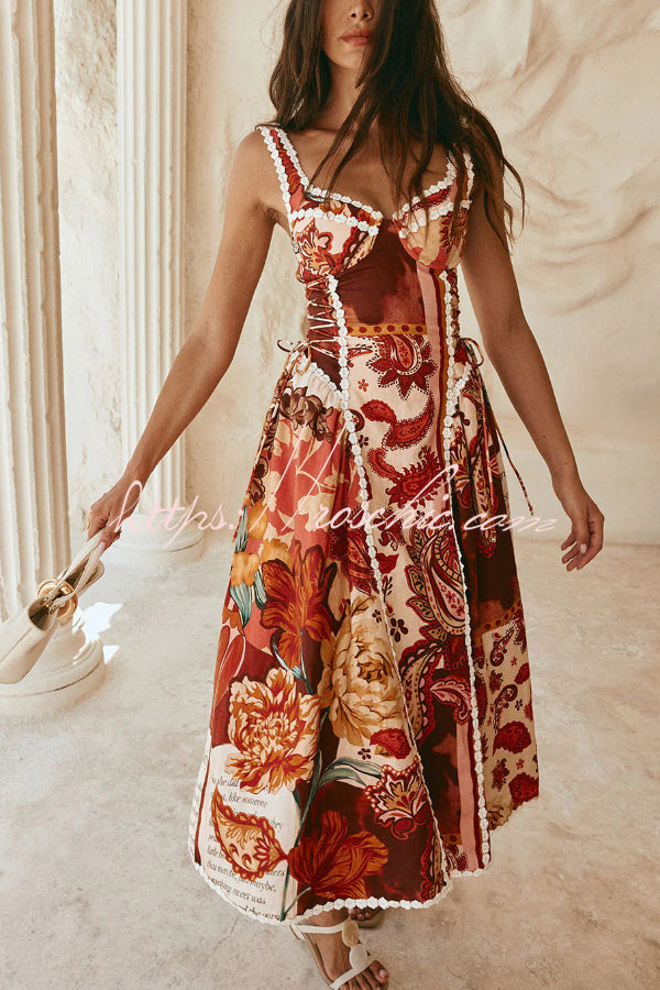Unique Printed Floral Trim Suspender Side Tie Vacation Midi Dress