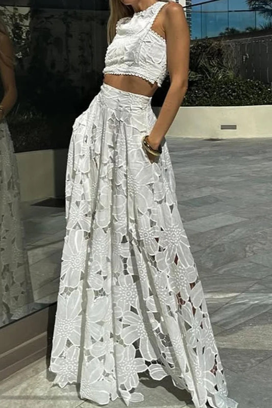 Vestido Boho Suelto de Dos Piezas de Playa con Encaje Calado