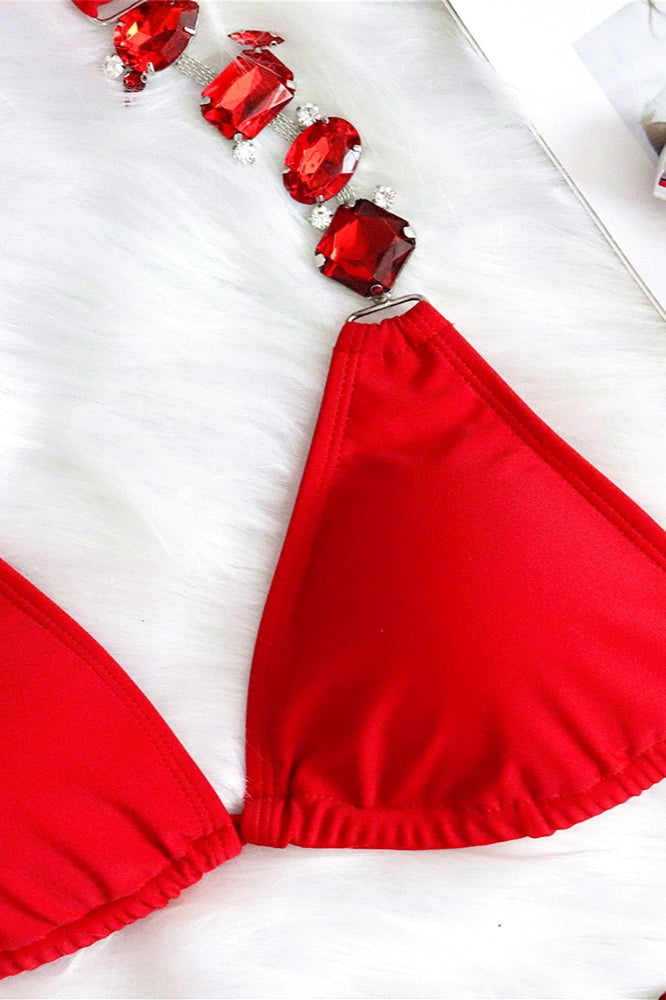 Conjunto de bikini sólido con diamantes de imitación