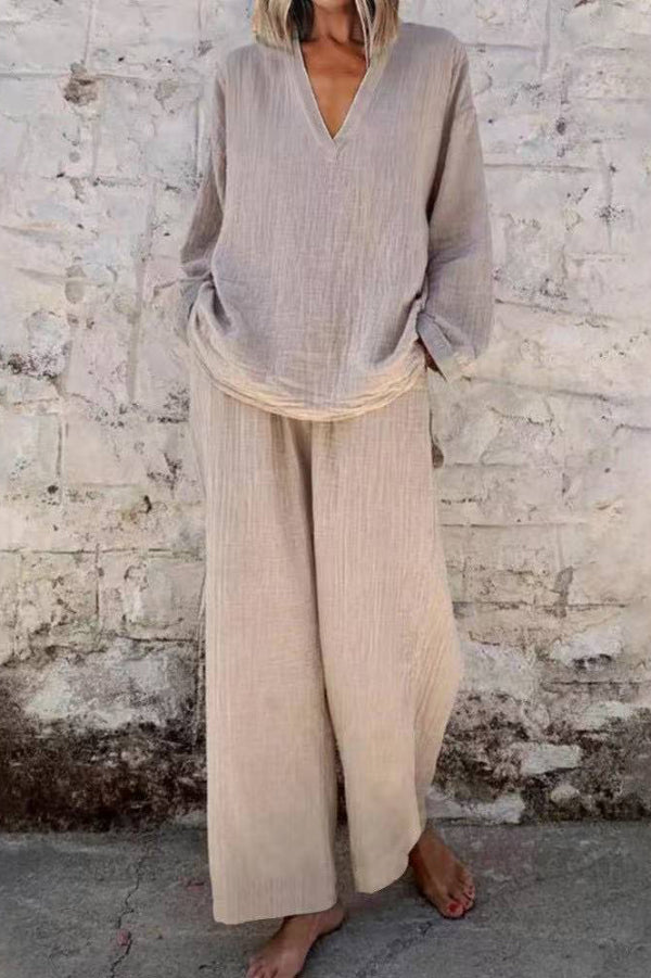 Linen Blend V-neck Long-sleeved Loose Top and Elastic Waist Pocket Casual Wide-leg Pants Set
