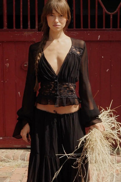 Conjunto de Falda Atada de Encaje y Gasa Transparente Sexy