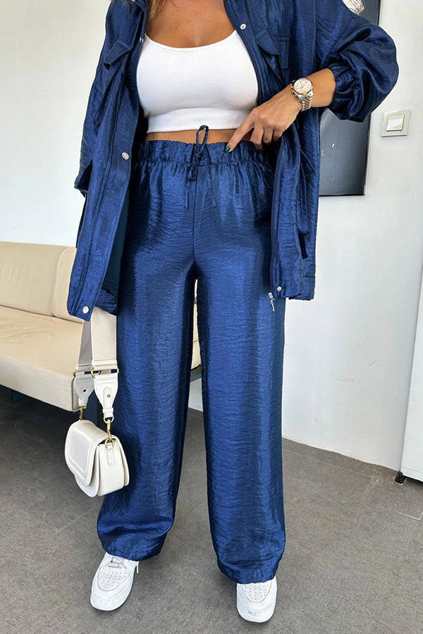 Easy on Me Metallic Fabric Elastic Waist Pocketed Wide Leg Pants (Shipped Within 24 Hours)