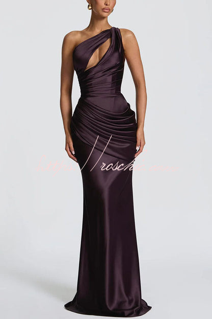 Emina Satin One Shoulder Asymmetrical Neck Cutout Back Lace-up Drape Maxi Dress